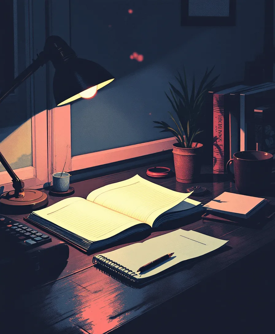 Screenprint of a desk lamp lit over an open ledger late at night
