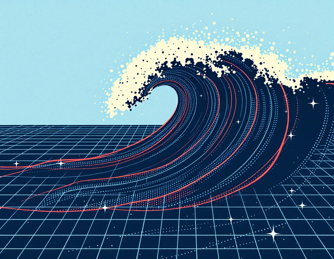 Screenprint of a cash-flow forecast line cresting like an ocean swell over a ledger grid